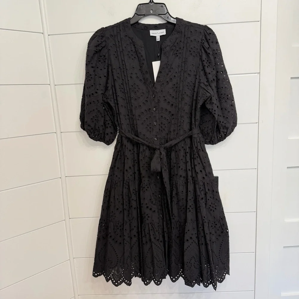 New! Gibson & Latimer Black Eyelet Button Down Belted Mini Dress 36039 - Picture 2 of 14
